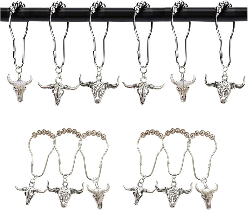 Daxingbu Cow Shower Curtain Hooks Rings,12Pcs Rustproof Stainless Steel Bull Skulls Pendants Accessories,Western Wildlife Farmhouse Rustic Farm Style Decorative Home Bathroom - Image 1